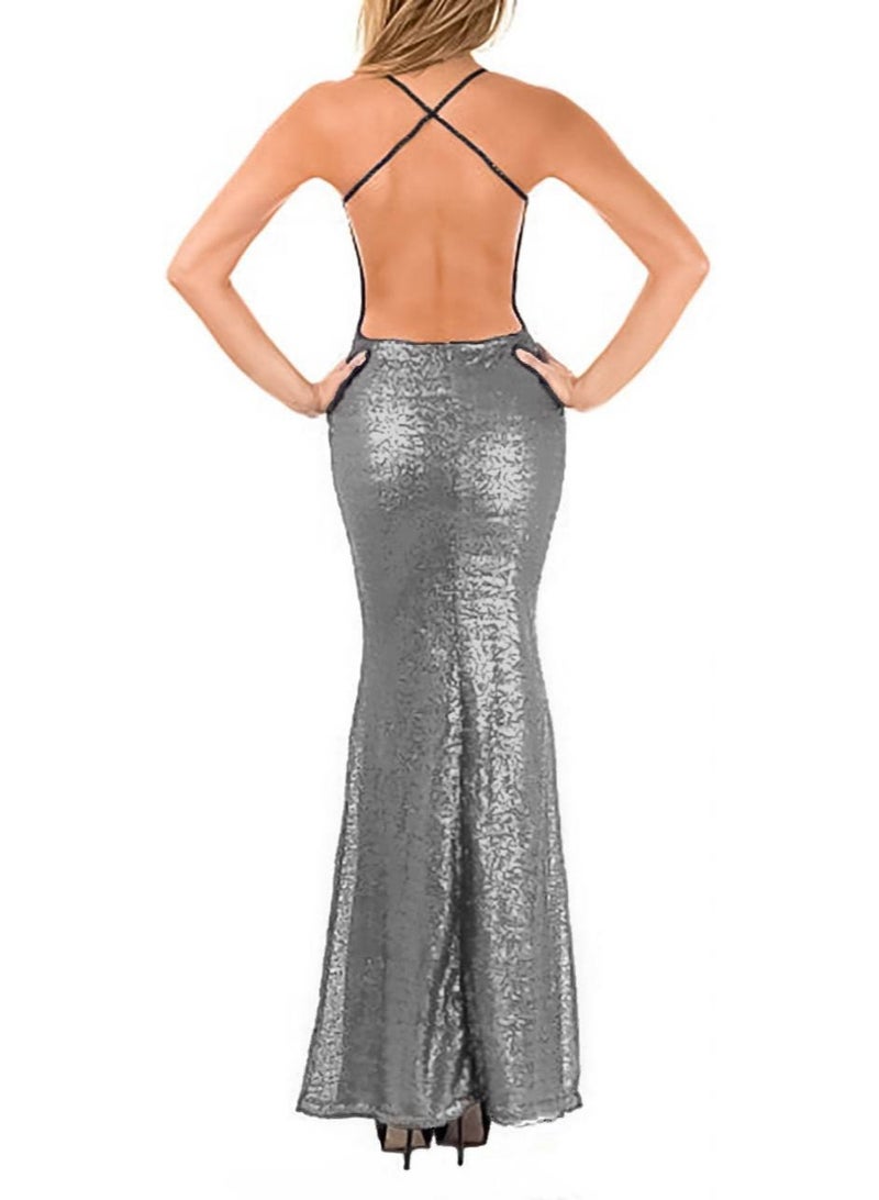 A lined, shimmering silver sequined evening dress - Image 2